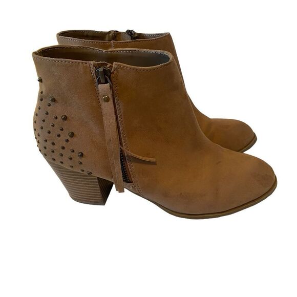 Camel Colored Faux Suede Ankle Boots w/ Side Zipper & Brass Toned Stud Accents. - Picture 4 of 6